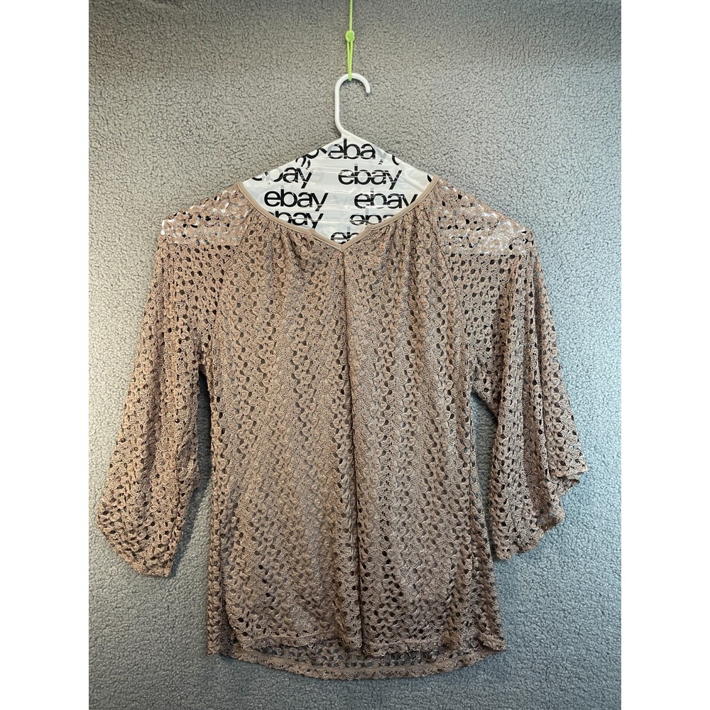 Shannon Ford New York Lace Lined Blouse 3/4 See Thru Sleeve Brown Size 1X‎